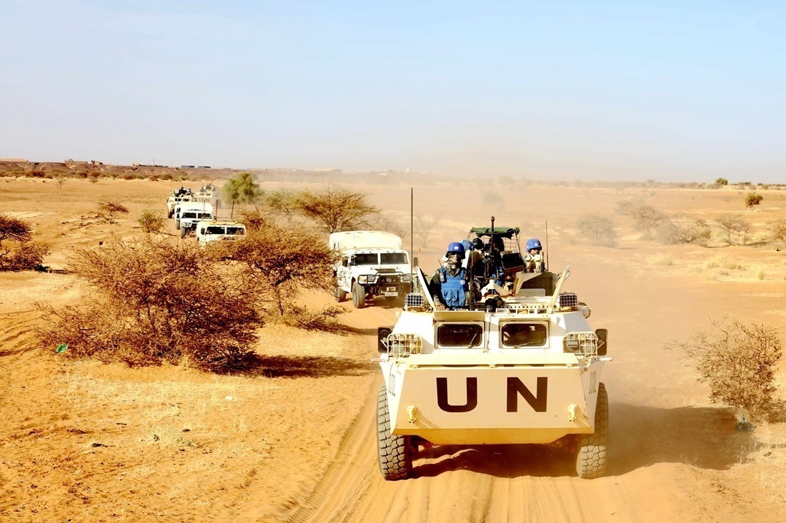 Chinese and Sri Lankan Peacekeepers in convoy headed for Abyēy (أبيي‎) on the disputed border between Sudan and South Sudan backed by French armor. Many UN vehicles in the Horn of Africa were repurposed from those left behind by departing US Army and USMC units withdrawn to Crete during the Fourth Balkan War.
