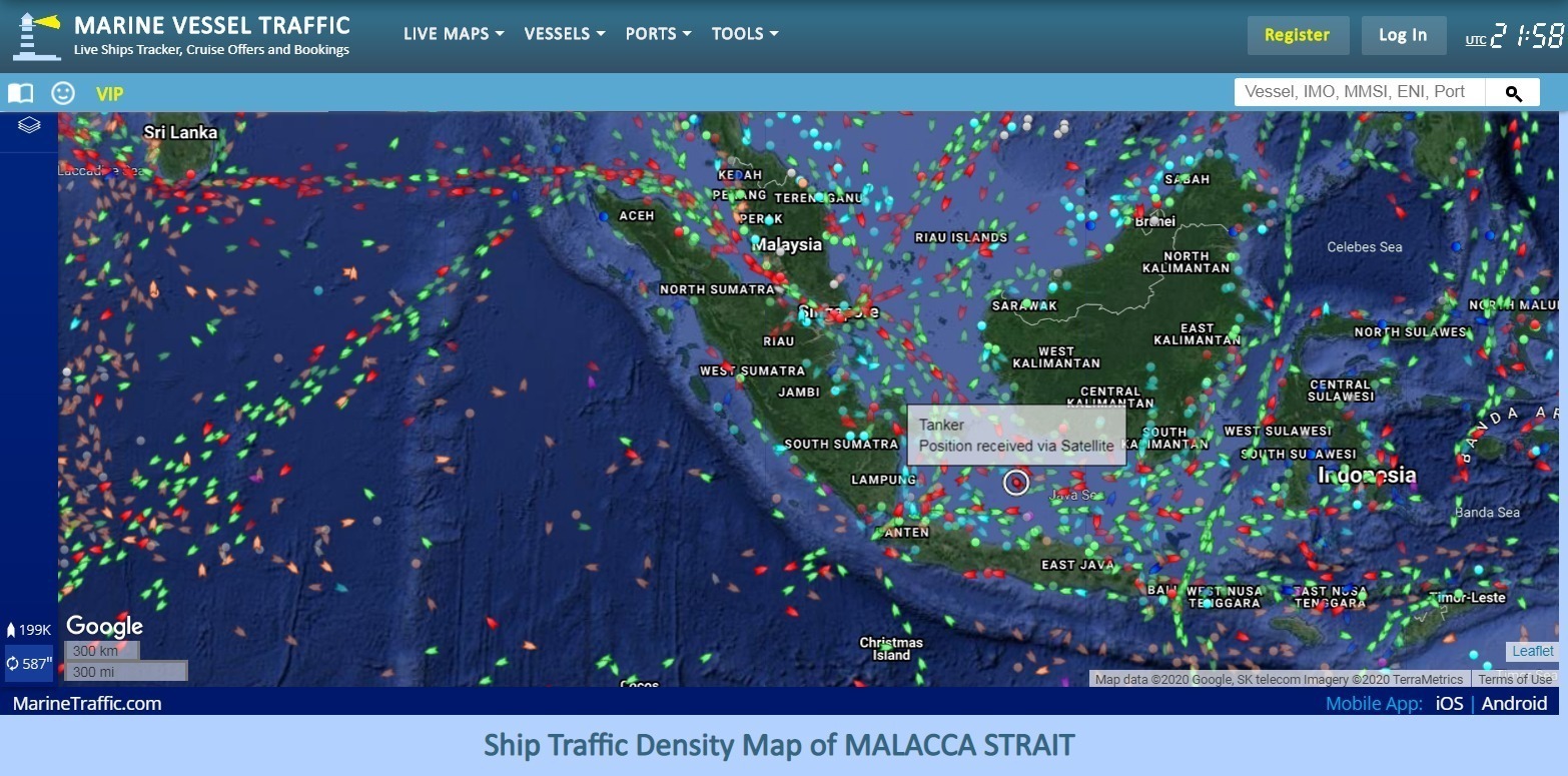 OSINT: Mid-week commercial shipping density in the Malacca Strait. Contact your administrator for restricted source imagery of significant regional naval task groups.